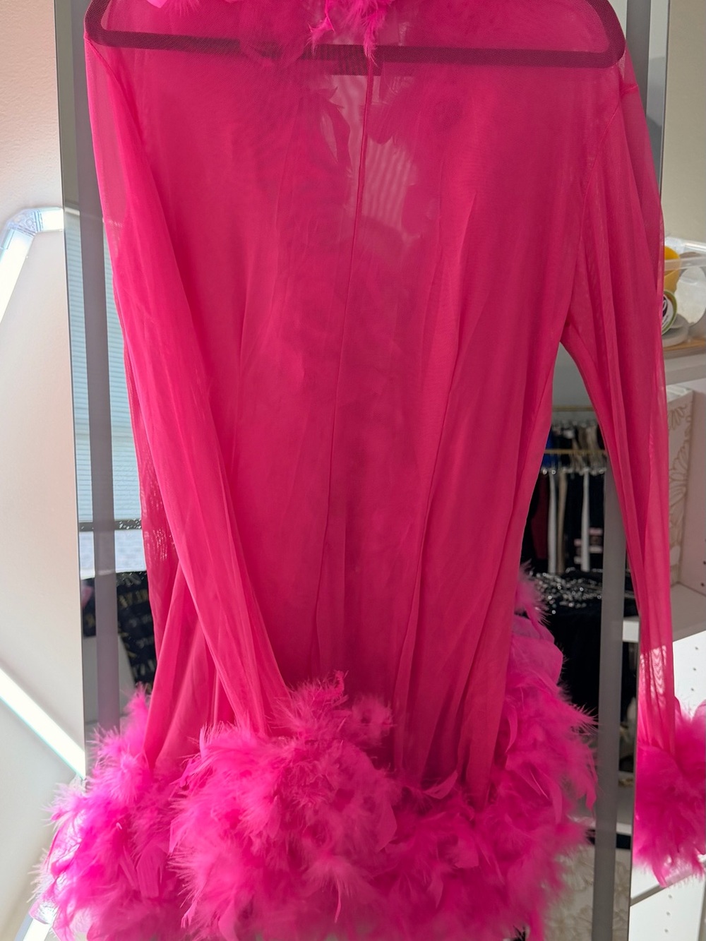 Hot Pink Feather Trim Sheer Robe with Satin Tie - Picture 10 of 12